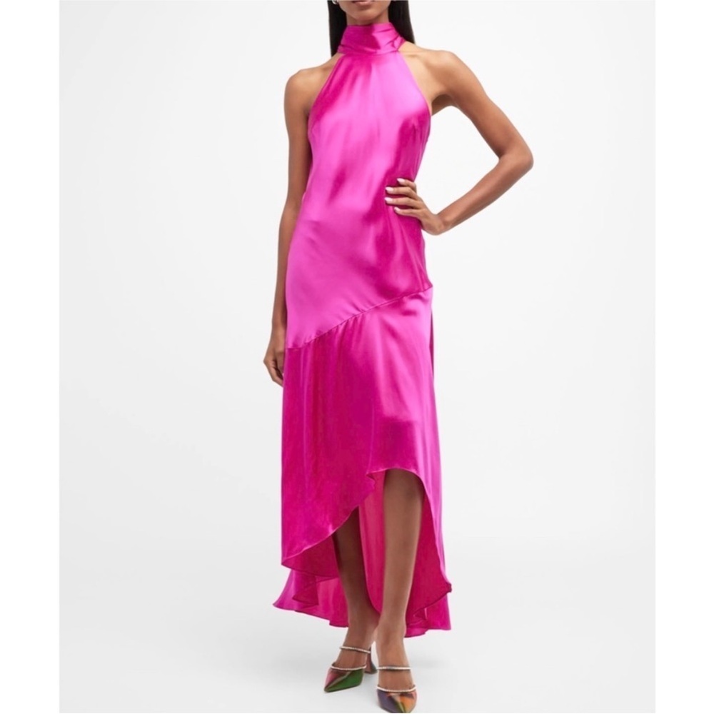 FRAME Silk Halter-Neck High-Low Dress Size XS in Magenta Pink
